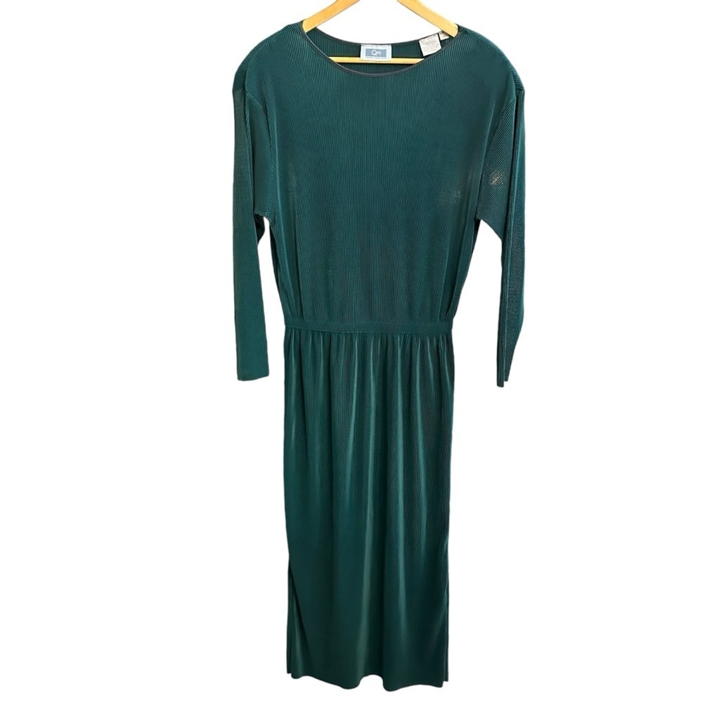 QPS Vintage, Emerald Green, Long Sleeve, Accordion Pleated Midi Dress sz M
